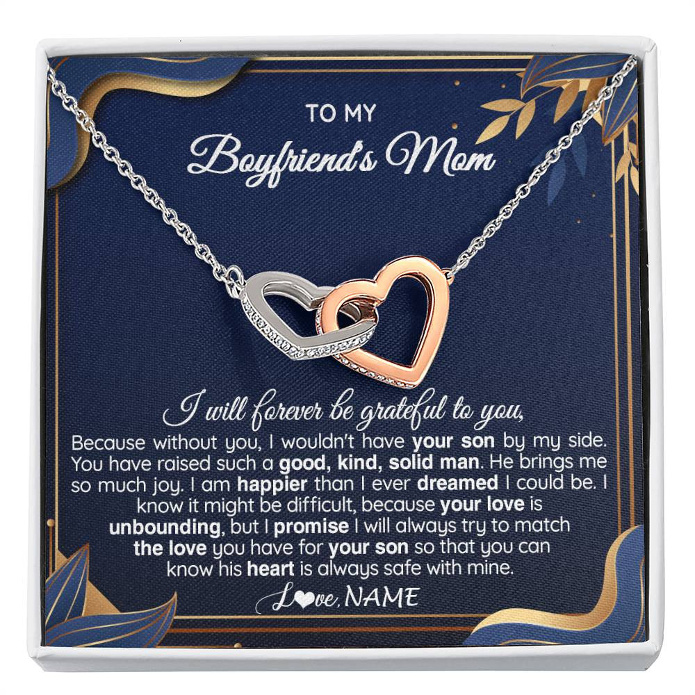 Interlocking Hearts Necklace Stainless Steel & Rose Gold Finish | 1 | Personalized To My Boyfriend's Mom Necklace From Daugter Grateful Gifts For Boyfriends Mom Jewelry Birthday Wedding Christmas Customized Gift Box Message Card | siriusteestore