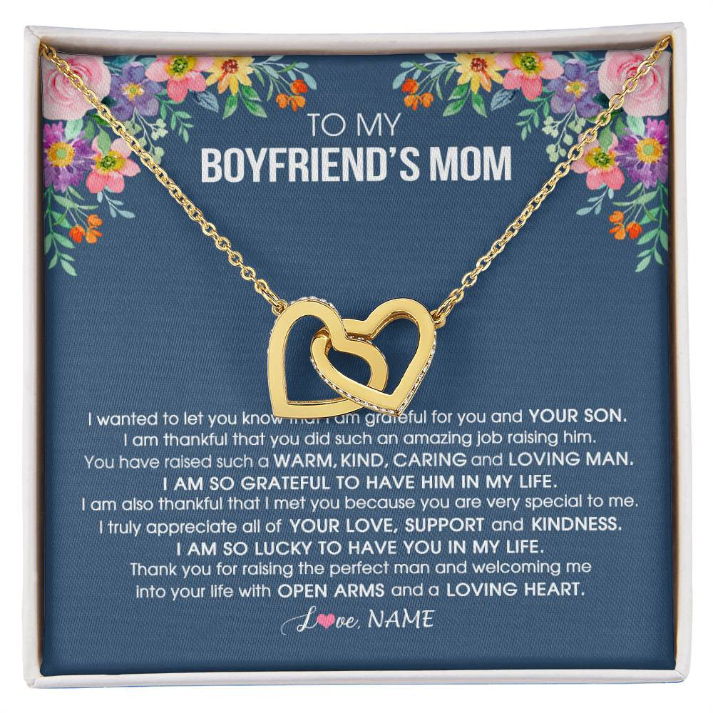 Interlocking Hearts Necklace 18K Yellow Gold Finish | Personalized To My Boyfriend's Mom Necklace I am Grateful For You And Your Son Boyfriend's Mom Mother's Day Birthday Jewelry Customized Gift Box Message Card | siriusteestore