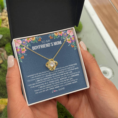 Love Knot Necklace 18K Yellow Gold Finish | Personalized To My Boyfriend's Mom Necklace I am Grateful For You And Your Son Boyfriend's Mom Mother's Day Birthday Jewelry Customized Gift Box Message Card | siriusteestore