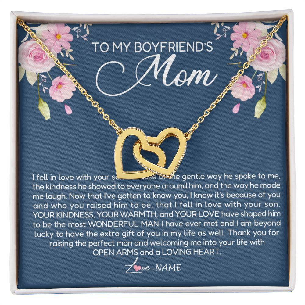 Interlocking Hearts Necklace 18K Yellow Gold Finish | Personalized To My Boyfriend's Mom Necklace Thank You For Raising The Perfect Man Boyfriend's Mom Mother's Day Pendant Jewelry Customized Gift Box Message Card | siriusteestore