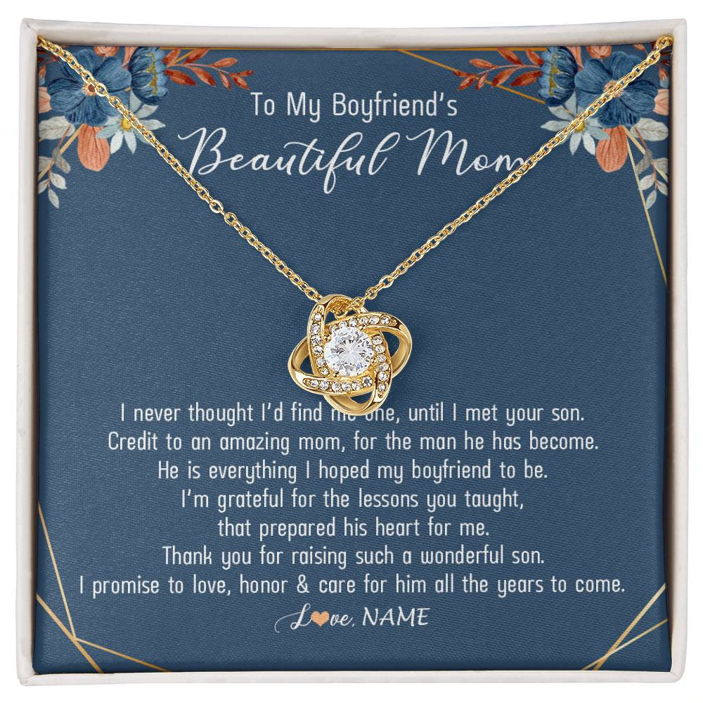 Love Knot Necklace 18K Yellow Gold Finish | Personalized To My Boyfriend's Mom Necklace Thank You For Raising Wonderful Son Boyfriend's Mom Mother's Day Pendant Jewelry Customized Gift Box Message Card | siriusteestore