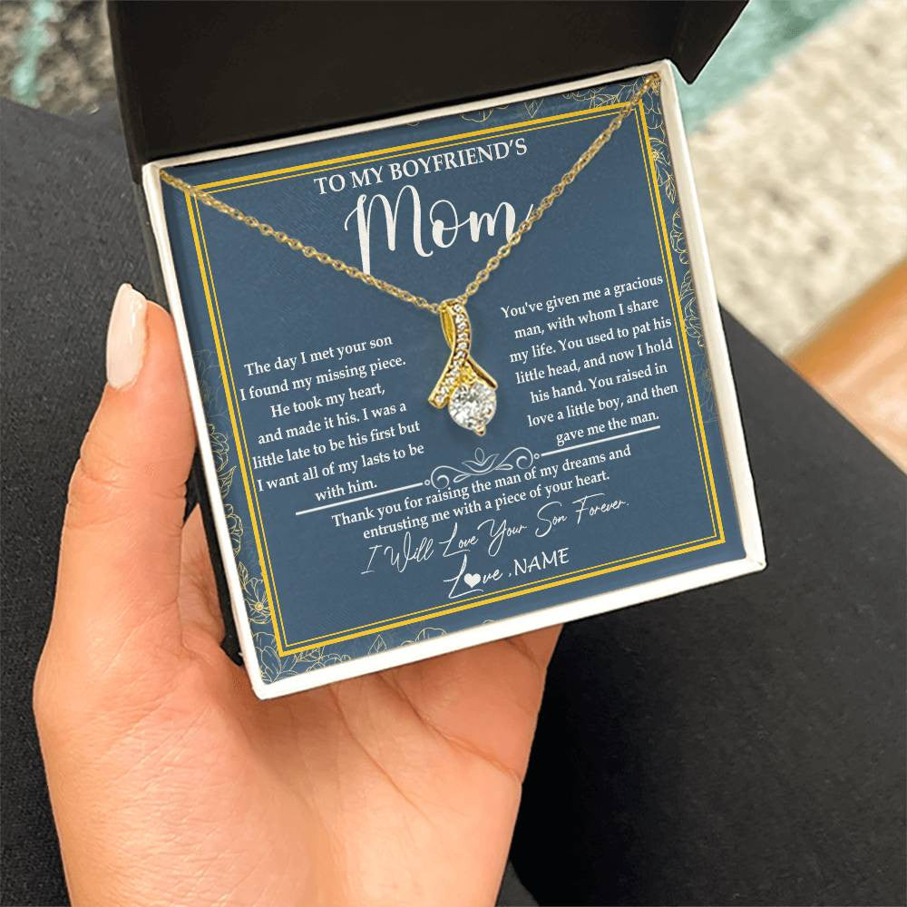 Alluring Beauty Necklace 18K Yellow Gold Finish | Personalized To My Boyfriend's Mom Necklace Thank You For Rasing The Man Boyfriends Mom Mother's Day Birthday Pendant Jewelry Customized Gift Box Message Card | siriusteestore