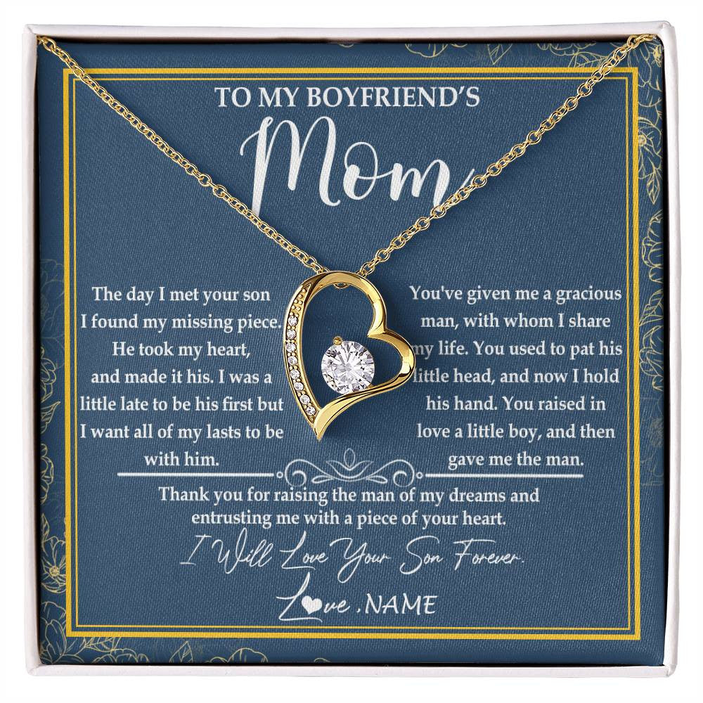 Forever Love Necklace 18K Yellow Gold Finish | Personalized To My Boyfriend's Mom Necklace Thank You For Rasing The Man Boyfriends Mom Mother's Day Birthday Pendant Jewelry Customized Gift Box Message Card | siriusteestore