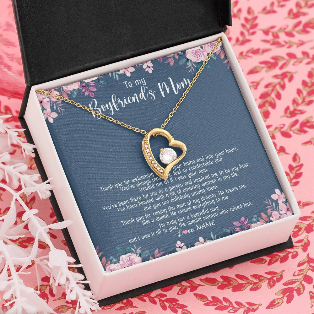Forever Love Necklace 18K Yellow Gold Finish | Personalized To My Boyfriend's Mom Necklace Thank You For Welcoming Me Boyfriends Mom Mother's Day Birthday Pendant Jewelry Customized Gift Box Message Card | siriusteestore