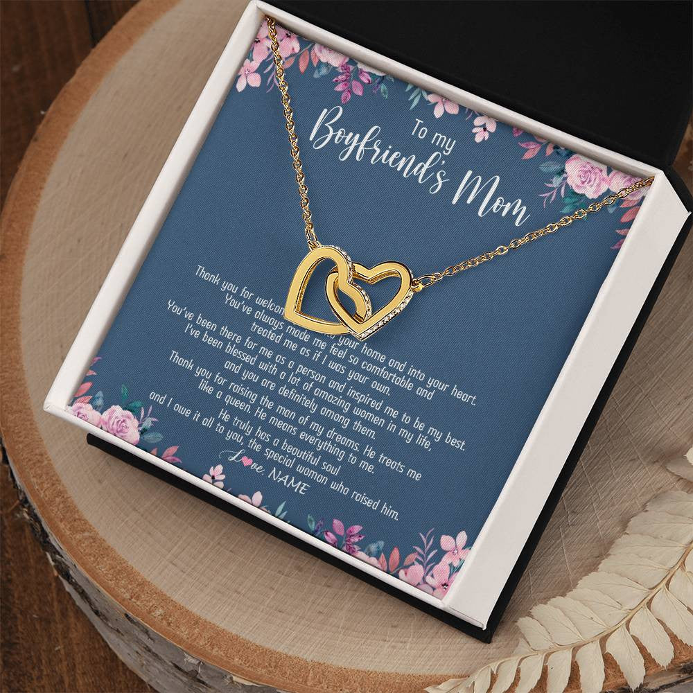 Interlocking Hearts Necklace 18K Yellow Gold Finish | Personalized To My Boyfriend's Mom Necklace Thank You For Welcoming Me Boyfriends Mom Mother's Day Birthday Pendant Jewelry Customized Gift Box Message Card | siriusteestore