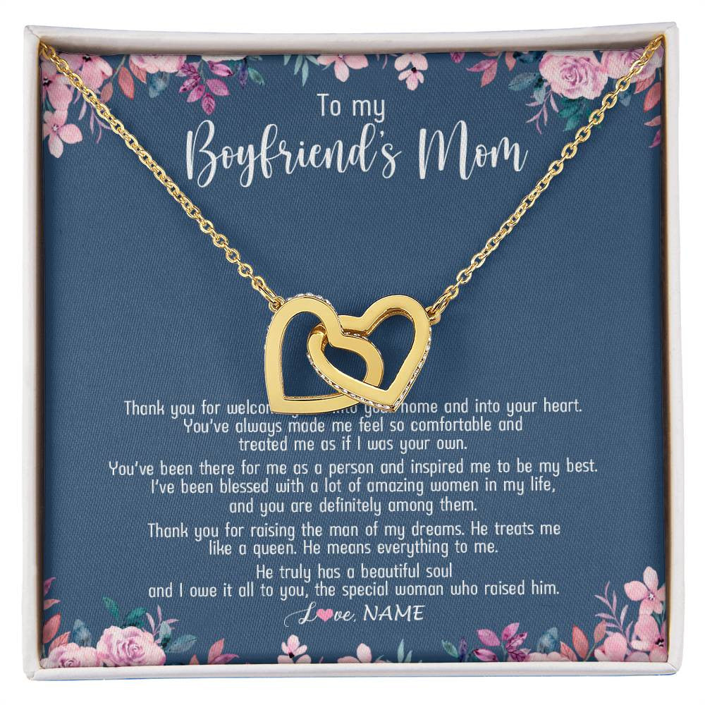 Interlocking Hearts Necklace 18K Yellow Gold Finish | Personalized To My Boyfriend's Mom Necklace Thank You For Welcoming Me Boyfriends Mom Mother's Day Birthday Pendant Jewelry Customized Gift Box Message Card | siriusteestore