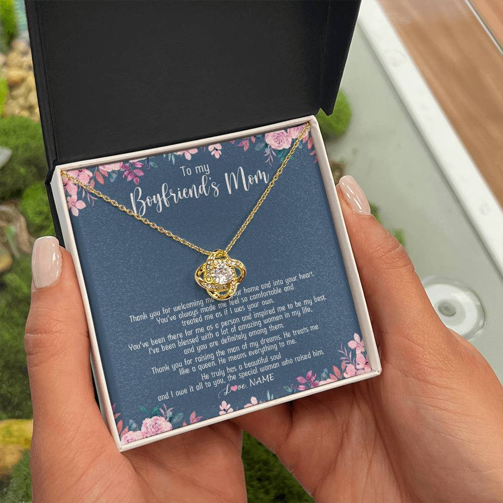 Love Knot Necklace 18K Yellow Gold Finish | Personalized To My Boyfriend's Mom Necklace Thank You For Welcoming Me Boyfriends Mom Mother's Day Birthday Pendant Jewelry Customized Gift Box Message Card | siriusteestore