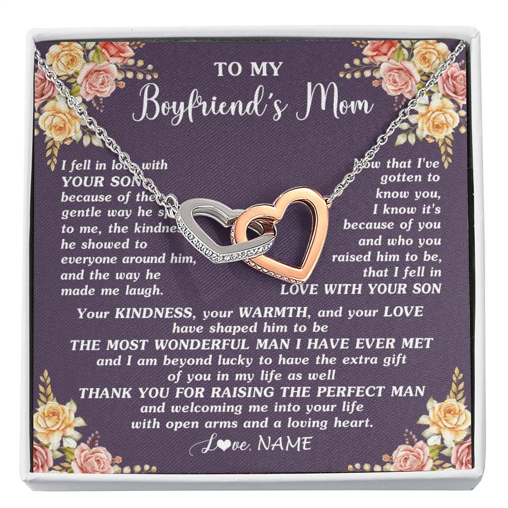 Interlocking Hearts Necklace Stainless Steel & Rose Gold Finish | 1 | Personalized To My Boyfriend's Mom Necklace Thank You Welcoming Me Future Mother In Law Wedding Day Birthday Christmas Jewelry Pendant Gift Box Message Card | siriusteestore
