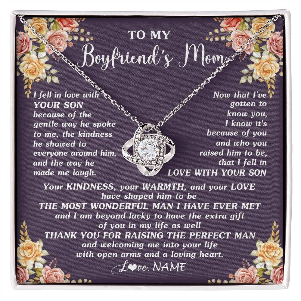 Love Knot Necklace 14K White Gold Finish | 1 | Personalized To My Boyfriend's Mom Necklace Thank You Welcoming Me Future Mother In Law Wedding Day Birthday Christmas Jewelry Pendant Gift Box Message Card | siriusteestore