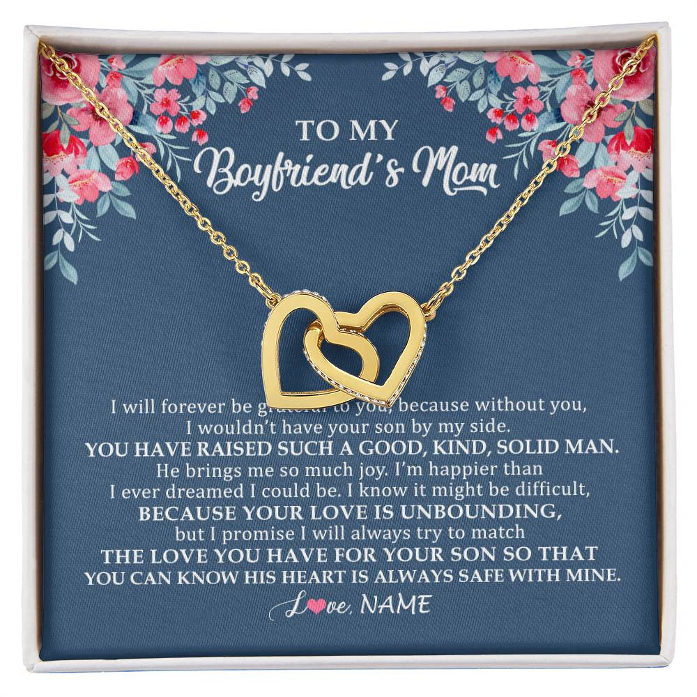Interlocking Hearts Necklace 18K Yellow Gold Finish | Personalized To My Boyfriend's Mom Necklace from Daugter I Will Forever Be Grateful Mother In Law Jewelry Birthday Wedding Christmas Customized Message Card | siriusteestore
