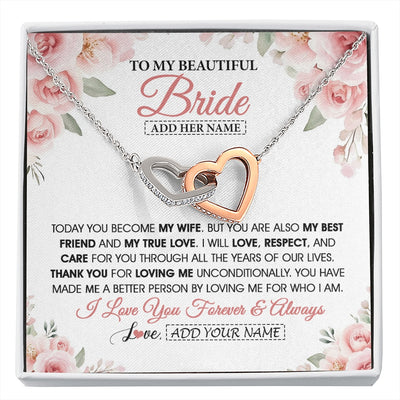 Interlocking Hearts Necklace Stainless Steel & Rose Gold Finish | 1 | Personalized To My Bride Necklace Gift From Groom Wedding Day My True Love Romantic Groom To Bride Jewelry Gifts Meaningful Custom Gift Box Message Card | https://siriusteestore.