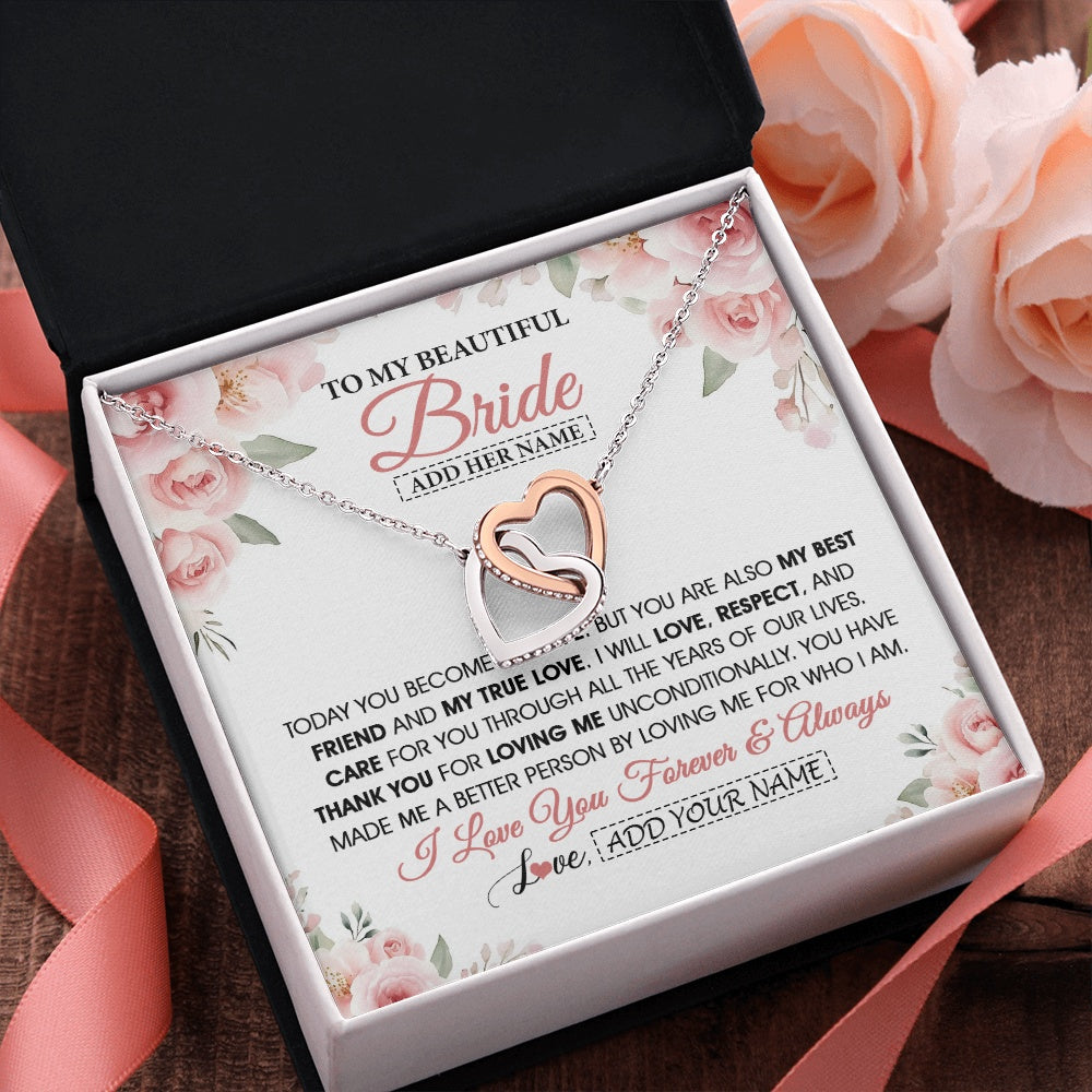 Interlocking Hearts Necklace Stainless Steel & Rose Gold Finish | 2 | Personalized To My Bride Necklace Gift From Groom Wedding Day My True Love Romantic Groom To Bride Jewelry Gifts Meaningful Custom Gift Box Message Card | https://siriusteestore.