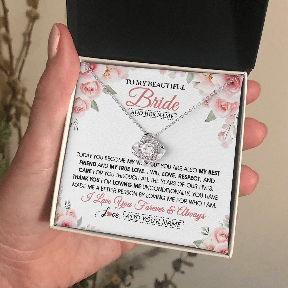 Love Knot Necklace 14K White Gold Finish | 2 | Personalized To My Bride Necklace Gift From Groom Wedding Day My True Love Romantic Groom To Bride Jewelry Gifts Meaningful Custom Gift Box Message Card | https://siriusteestore.