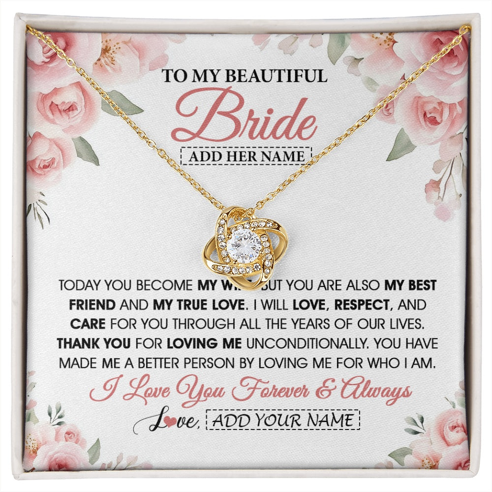 Love Knot Necklace 18K Yellow Gold Finish | 1 | Personalized To My Bride Necklace Gift From Groom Wedding Day My True Love Romantic Groom To Bride Jewelry Gifts Meaningful Custom Gift Box Message Card | https://siriusteestore.