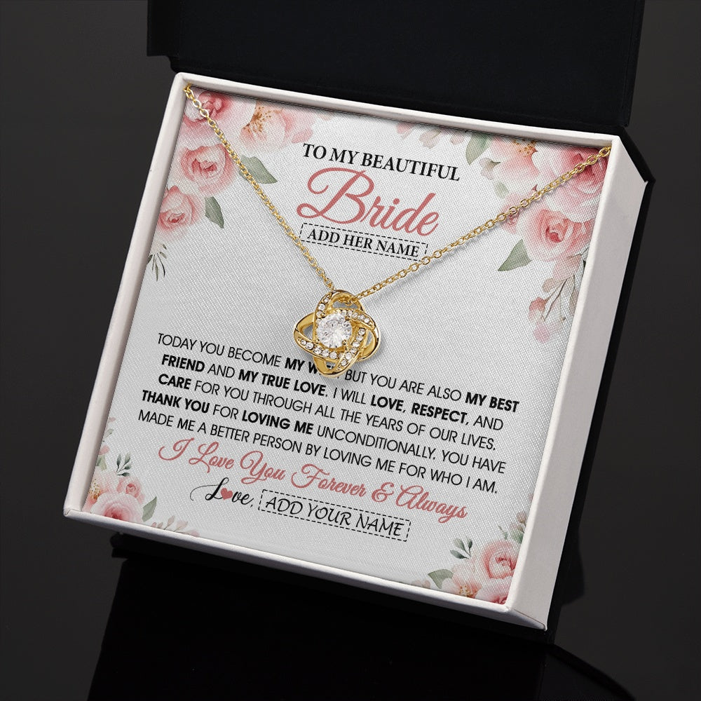 Love Knot Necklace 18K Yellow Gold Finish | 2 | Personalized To My Bride Necklace Gift From Groom Wedding Day My True Love Romantic Groom To Bride Jewelry Gifts Meaningful Custom Gift Box Message Card | https://siriusteestore.