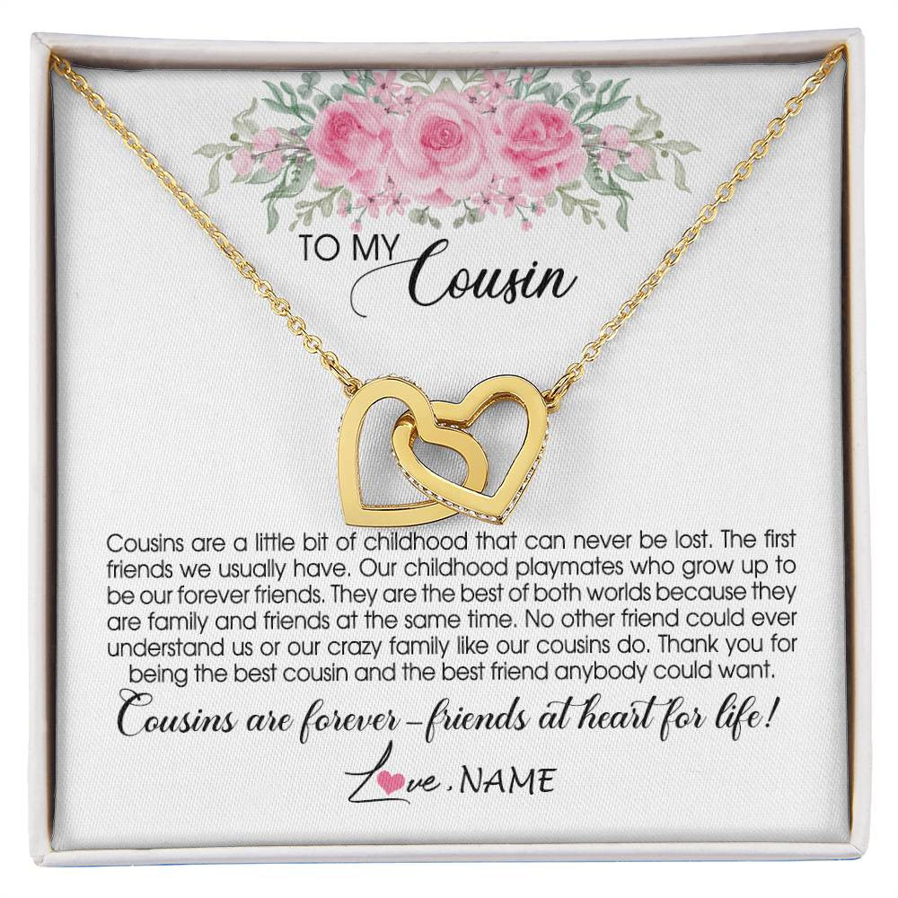 Interlocking Hearts Necklace 18K Yellow Gold Finish | Personalized To My Cousin Necklace Cousins Are Forever Friends At Heart For Life Jewelry Birthday Graduation Christmas Customized Gift Box Message Card | siriusteestore