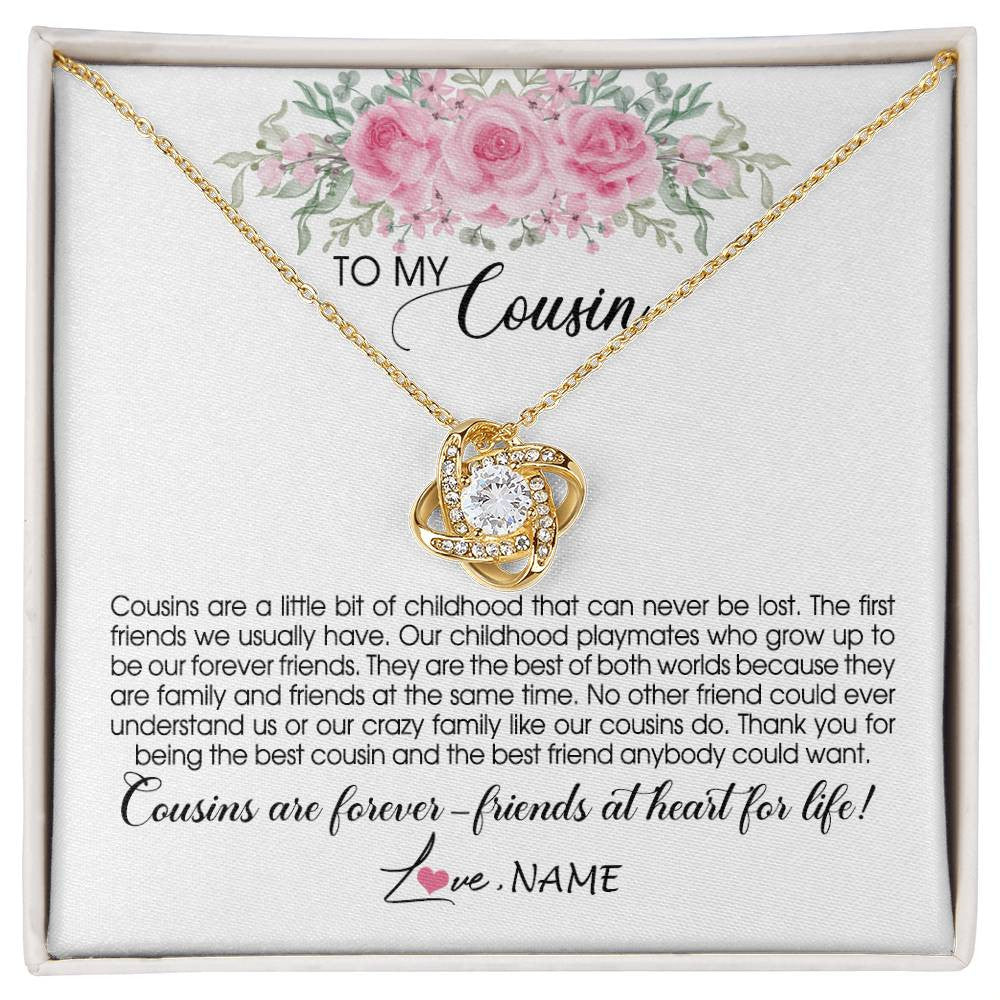 Love Knot Necklace 18K Yellow Gold Finish | Personalized To My Cousin Necklace Cousins Are Forever Friends At Heart For Life Jewelry Birthday Graduation Christmas Customized Gift Box Message Card | siriusteestore