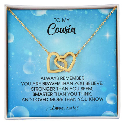 Interlocking Hearts Necklace 18K Yellow Gold Finish | Personalized To My Cousin Necklace From Family Always Remember You Are Braver Cousin Pendant Jewelry Birthday Graduation Christmas Customized Message Card | siriusteestore