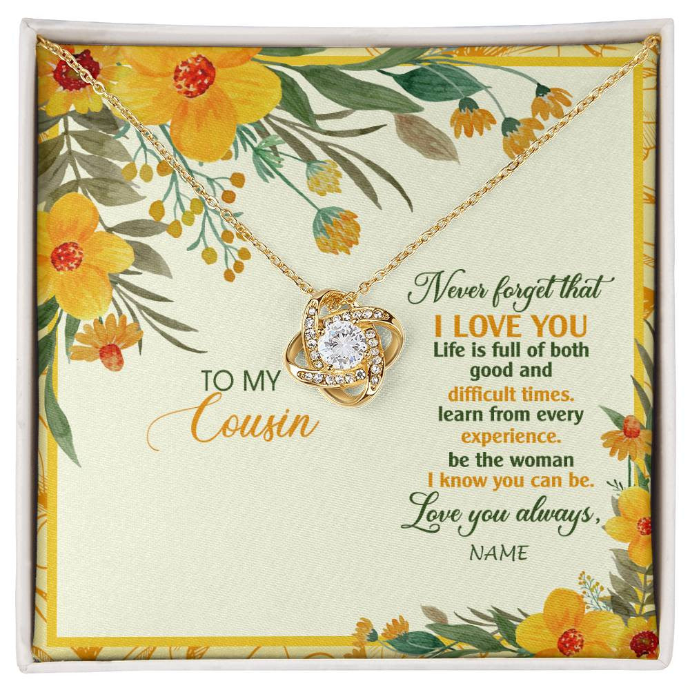 Love Knot Necklace 18K Yellow Gold Finish | Personalized To My Cousin Necklace From Family Flower Never Forget That I Love You Cousin Birthday Christmas Graduation Customized Gift Box Message Card | siriusteestore