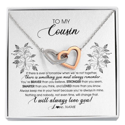 Interlocking Hearts Necklace Stainless Steel & Rose Gold Finish | Personalized To My Cousin Necklace From Family Not Even Time Floral Cousin Birthday Graduation Christmas Customized Message Card | siriusteestore