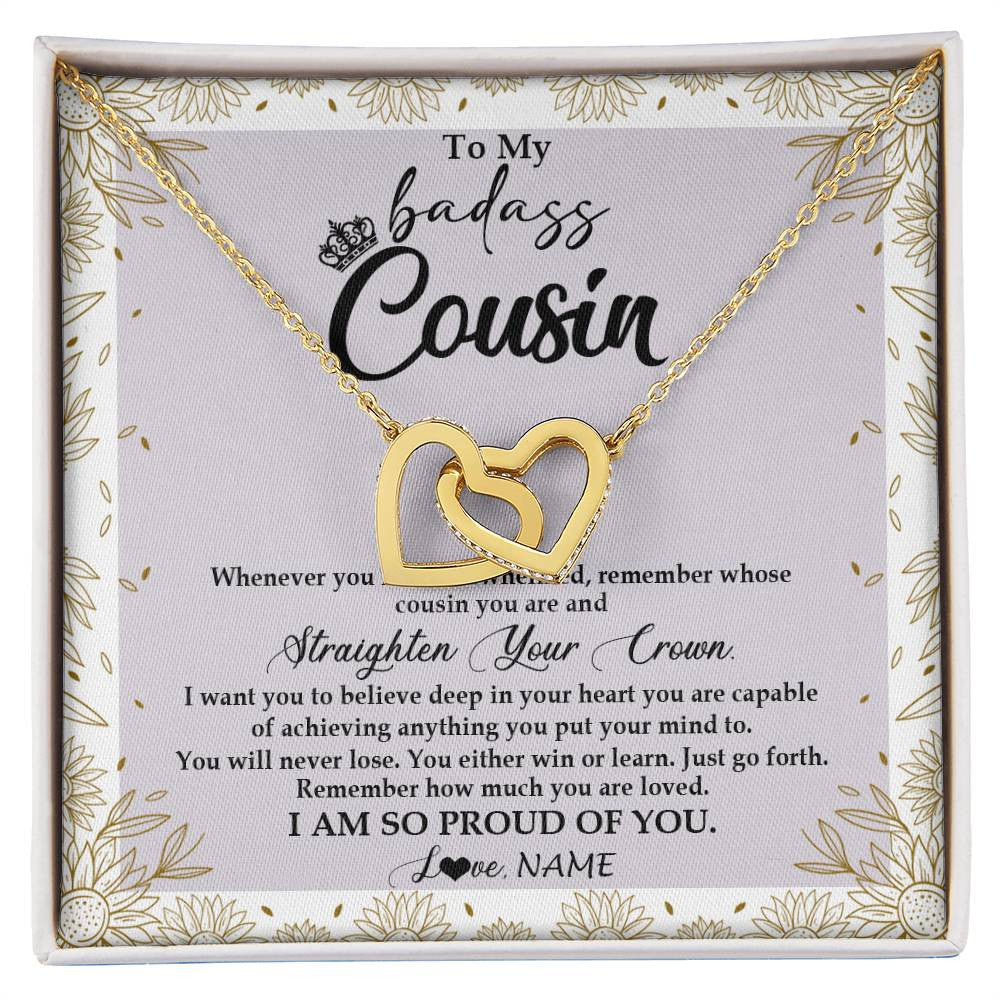 Interlocking Hearts Necklace 18K Yellow Gold Finish | Personalized To My Cousin Necklace From Family Straighten Your Crown Cousin Birthday Christmas Graduation Jewelry Customized Gift Box Message Card | siriusteestore