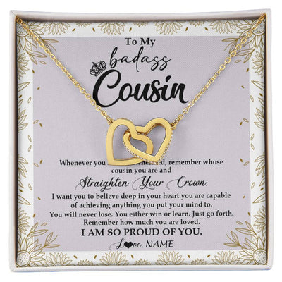 Interlocking Hearts Necklace 18K Yellow Gold Finish | Personalized To My Cousin Necklace From Family Straighten Your Crown Cousin Birthday Christmas Graduation Jewelry Customized Gift Box Message Card | siriusteestore