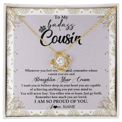 Love Knot Necklace 18K Yellow Gold Finish | Personalized To My Cousin Necklace From Family Straighten Your Crown Cousin Birthday Christmas Graduation Jewelry Customized Gift Box Message Card | siriusteestore