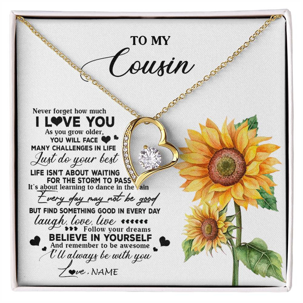 Forever Love Necklace 18K Yellow Gold Finish | 1 | Personalized To My Cousin Necklace From Family Sunflower Wood Laugh Love Live Cousin Birthday Graduation Christmas Customized Gift Box Message Card | siriusteestore