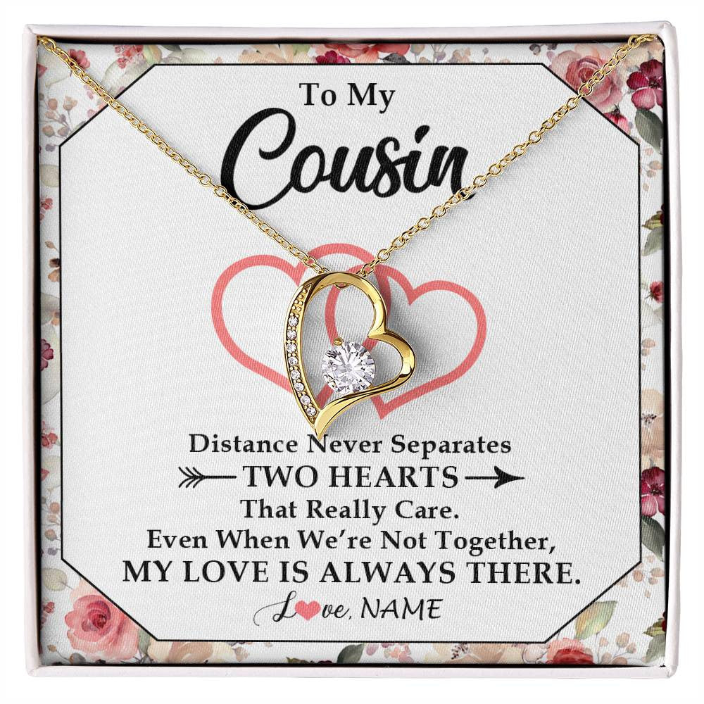 Forever Love Necklace 18K Yellow Gold Finish | 1 | Personalized To My Cousin Necklace From Family Two Hearts Together Cousin Birthday Graduation Christmas Jewelry Customized Gift Box Message Card | siriusteestore