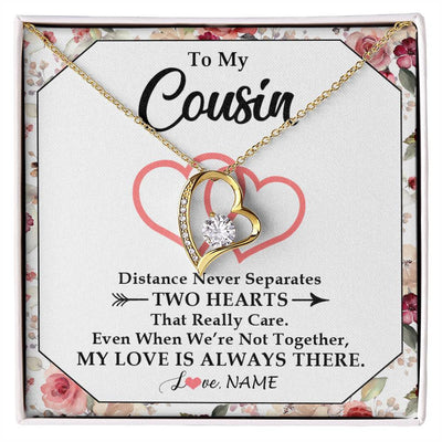 Forever Love Necklace 18K Yellow Gold Finish | 1 | Personalized To My Cousin Necklace From Family Two Hearts Together Cousin Birthday Graduation Christmas Jewelry Customized Gift Box Message Card | siriusteestore