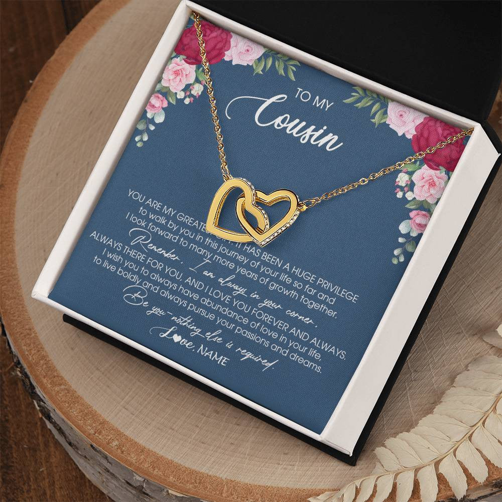 Interlocking Hearts Necklace 18K Yellow Gold Finish | Personalized To My Cousin Necklace From Family You Are My Greatest Gift Cousin Birthday Christmas Customized Jewelry Gift Box Message Card | siriusteestore