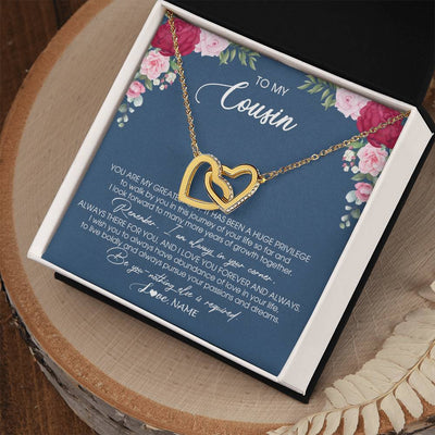 Interlocking Hearts Necklace 18K Yellow Gold Finish | Personalized To My Cousin Necklace From Family You Are My Greatest Gift Cousin Birthday Christmas Customized Jewelry Gift Box Message Card | siriusteestore