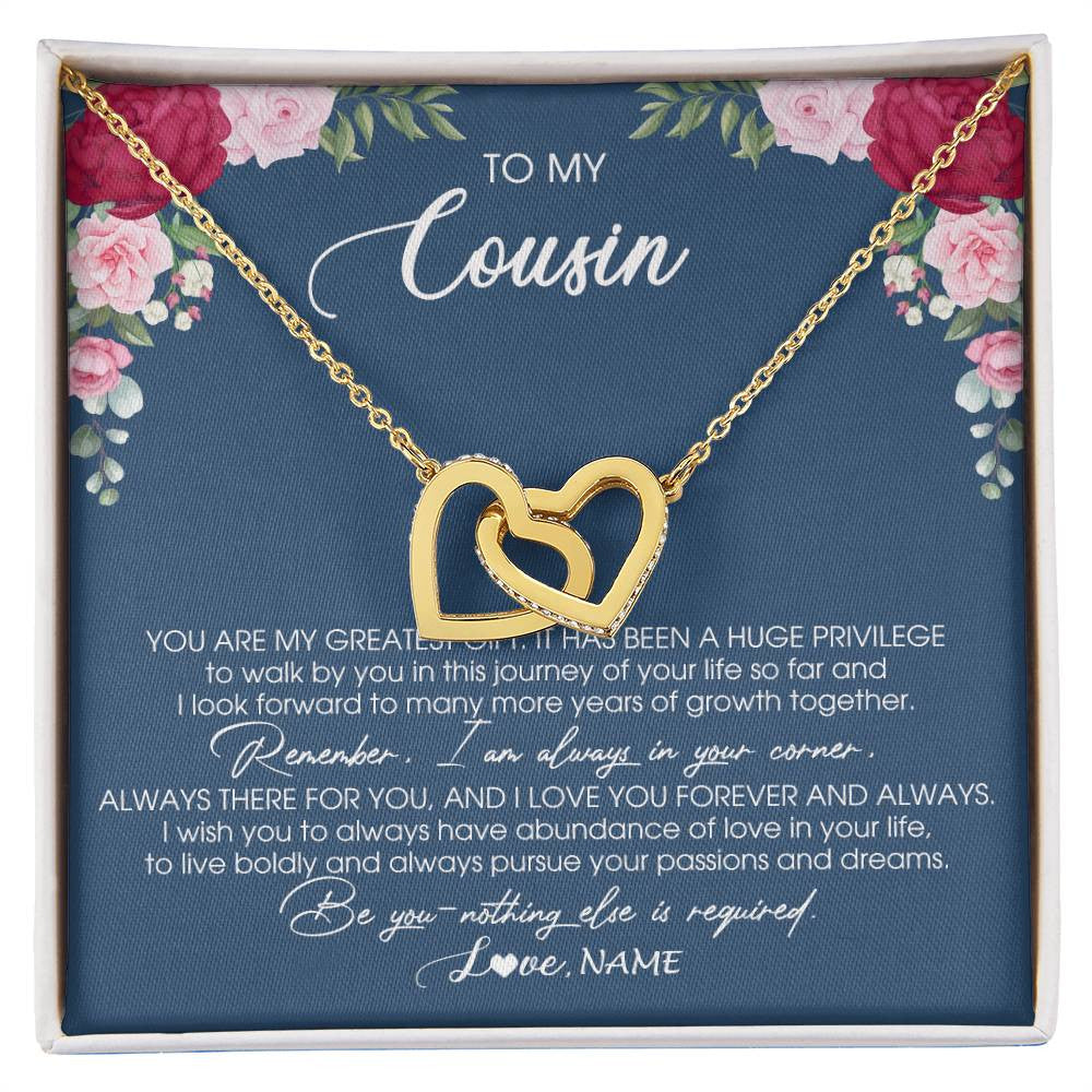 Interlocking Hearts Necklace 18K Yellow Gold Finish | Personalized To My Cousin Necklace From Family You Are My Greatest Gift Cousin Birthday Christmas Customized Jewelry Gift Box Message Card | siriusteestore