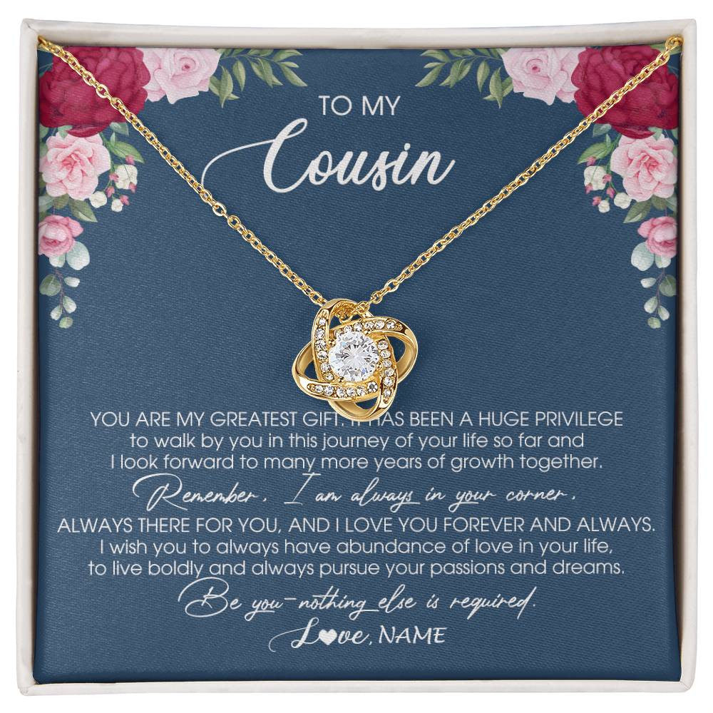 Love Knot Necklace 18K Yellow Gold Finish | Personalized To My Cousin Necklace From Family You Are My Greatest Gift Cousin Birthday Christmas Customized Jewelry Gift Box Message Card | siriusteestore