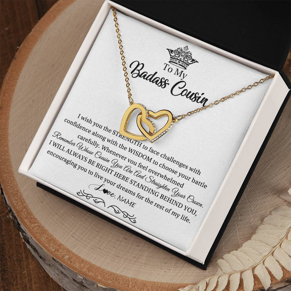 Interlocking Hearts Necklace 18K Yellow Gold Finish | Personalized To My Cousin Necklace Straighten Your Crown Cousin Pendant Jewelry Birthday Graduation Christmas Customized Gift Box Message Card | siriusteestore