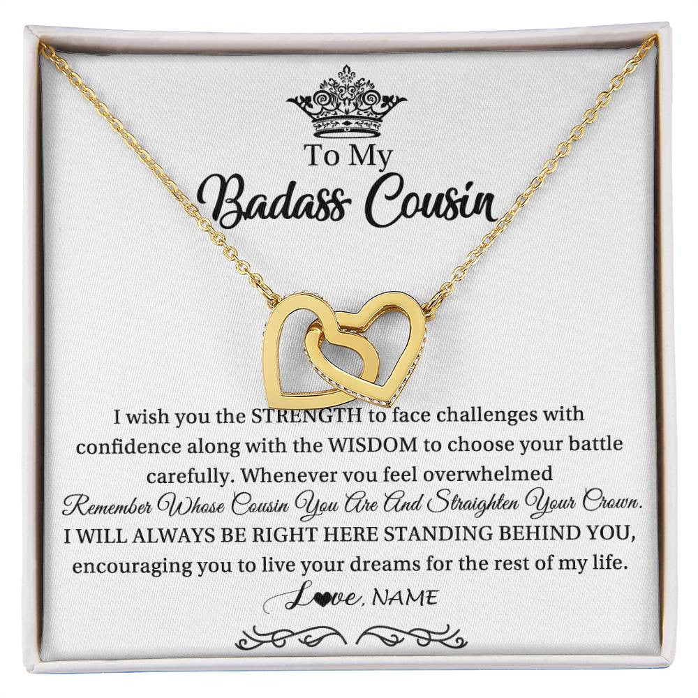 Interlocking Hearts Necklace 18K Yellow Gold Finish | Personalized To My Cousin Necklace Straighten Your Crown Cousin Pendant Jewelry Birthday Graduation Christmas Customized Gift Box Message Card | siriusteestore