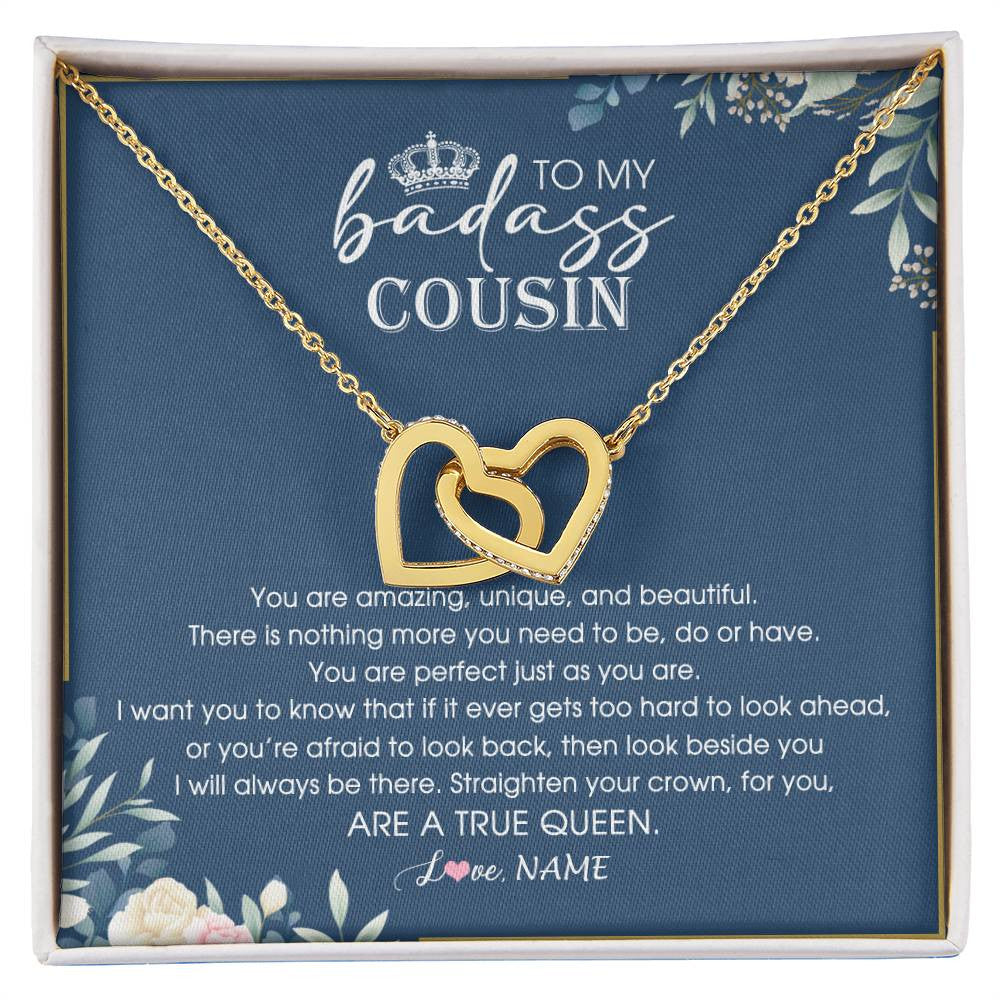 Interlocking Hearts Necklace 18K Yellow Gold Finish | 1 | Personalized To My Cousin Necklace Straighten Your Crown Cousin Queen Pendant Jewelry Birthday Graduation Christmas Customized Gift Box Message Card | siriusteestore
