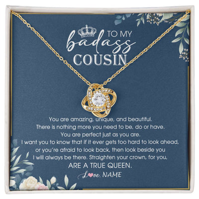 Love Knot Necklace 18K Yellow Gold Finish | 1 | Personalized To My Cousin Necklace Straighten Your Crown Cousin Queen Pendant Jewelry Birthday Graduation Christmas Customized Gift Box Message Card | siriusteestore