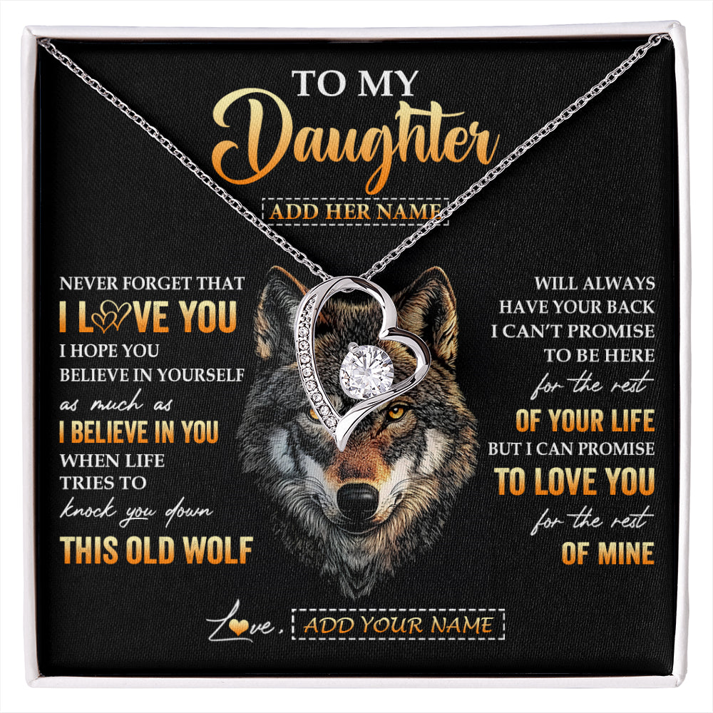 Forever Love Necklace 14K White Gold Finish | 1 | Personalized To My Daughter Gifts From Dad Father Mom Mother Necklace Old Wolf Love You Daughter Birthday Gifts Graduation Christmas Gift Box Message Card | siriusteestore