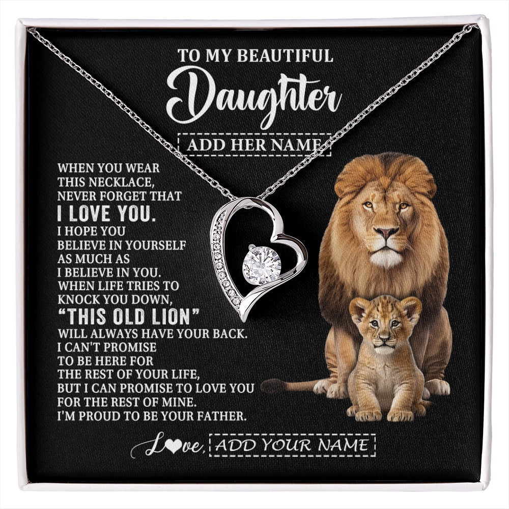 Forever Love Necklace 14K White Gold Finish | 1 | Personalized To My Daughter Gifts From Dad Father Necklace This Old Lion Love You Daughter Birthday Gifts Graduation Christmas Jewelry Gift Box Message Card | https://siriusteestore.