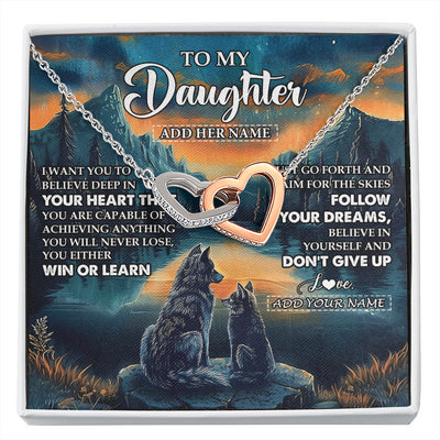 Interlocking Hearts Necklace Stainless Steel & Rose Gold Finish | 1 | Personalized To My Daughter Gifts From Mom Dad Necklace Don't Give Up Wolf Gifts For Daughter Birthday Graduation Christmas Customized Gift Box Message Card | siriusteestore