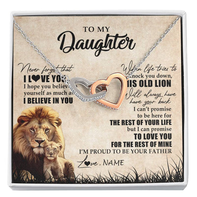 Interlocking Hearts Necklace Stainless Steel & Rose Gold Finish | Personalized To My Daughter Gifts Necklace From Dad Father Old Lion Daughter Jewelry Birthday Gifts Graduation Christmas Customized Gift Box Message Card | siriusteestore