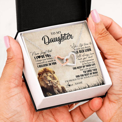Interlocking Hearts Necklace Stainless Steel & Rose Gold Finish | Personalized To My Daughter Gifts Necklace From Dad Father Old Lion Daughter Jewelry Birthday Gifts Graduation Christmas Customized Gift Box Message Card | siriusteestore