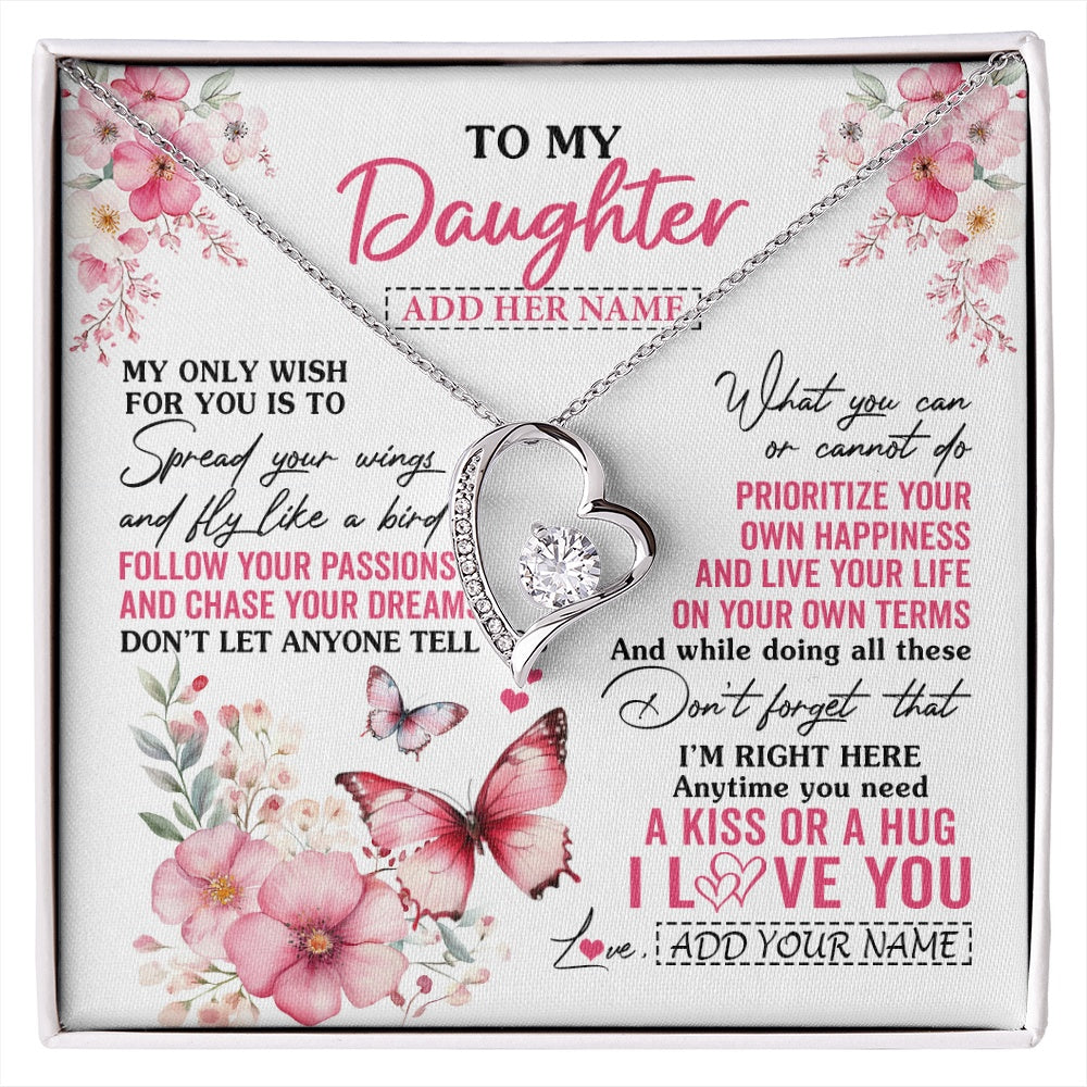 Forever Love Necklace 14K White Gold Finish | 1 | Personalized To My Daughter Gifts Necklace From Mom Dad Butterfly My Only Wish For You Daughter Birthday Gifts Graduation Christmas Gift Box Message Card | siriusteestore.myshopify