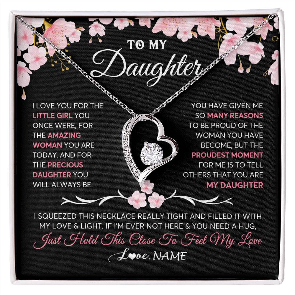 Forever Love Necklace 14K White Gold Finish | 1 | Personalized To My Daughter Gifts Necklace From Mom Dad Mother Father Love Precious Daughter Birthday Graduation Christmas Customized Gift Box Message Card | siriusteestore