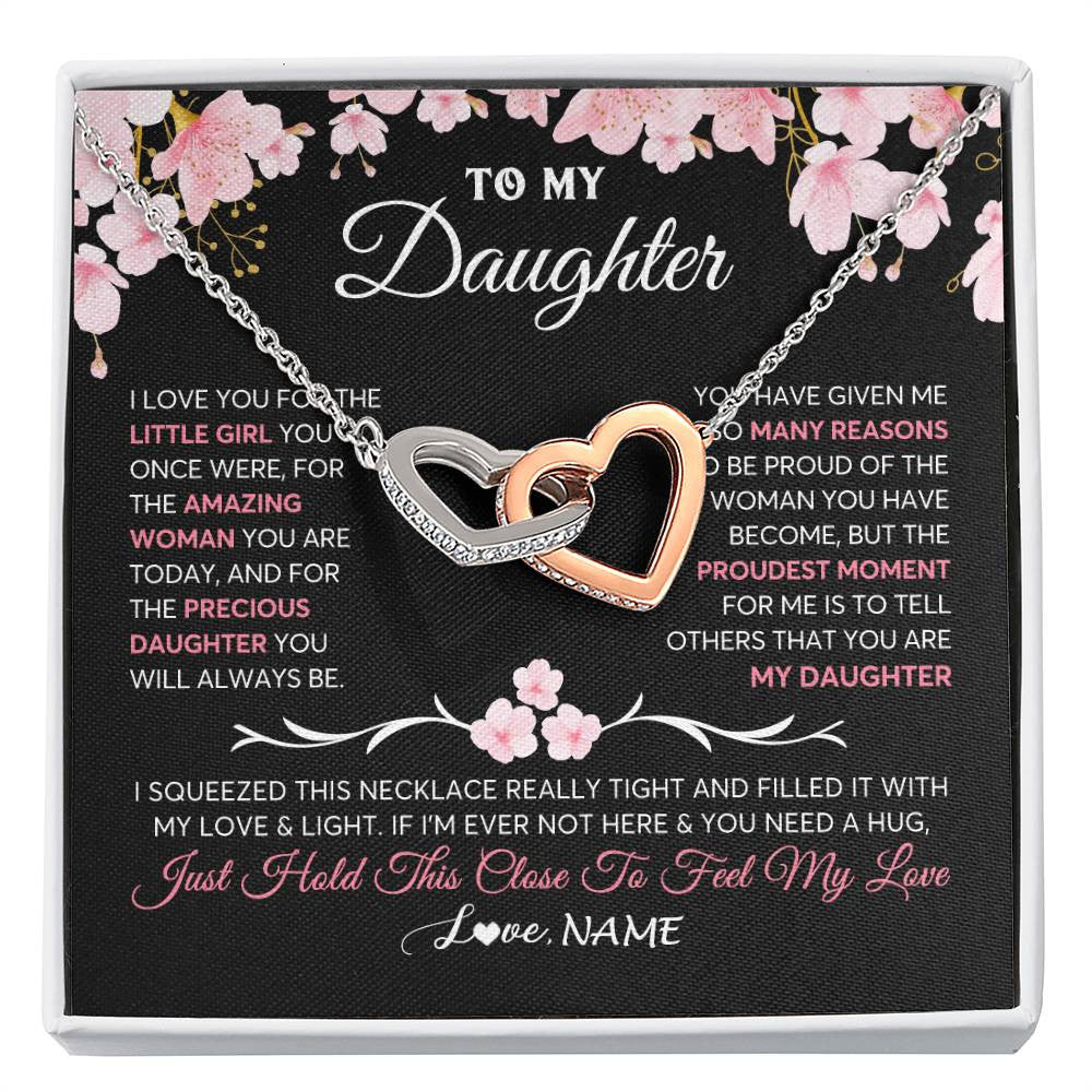 Interlocking Hearts Necklace Stainless Steel & Rose Gold Finish | 1 | Personalized To My Daughter Gifts Necklace From Mom Dad Mother Father Love Precious Daughter Birthday Graduation Christmas Customized Gift Box Message Card | siriusteestore