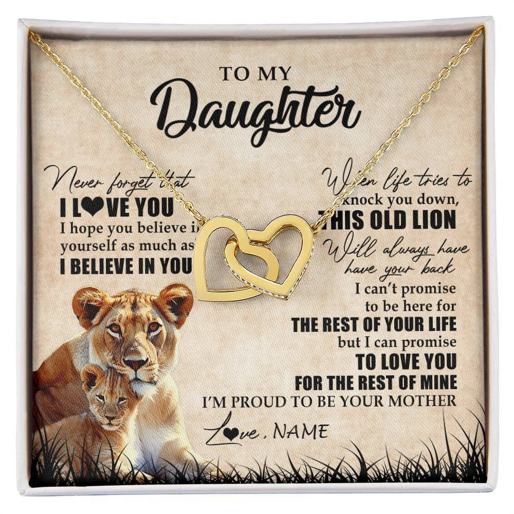 Interlocking Hearts Necklace 18K Yellow Gold Finish | Personalized To My Daughter Gifts Necklace From Mom Mother Old Lion Daughter Jewelry Birthday Gifts Graduation Christmas Customized Gift Box Message Card | siriusteestore