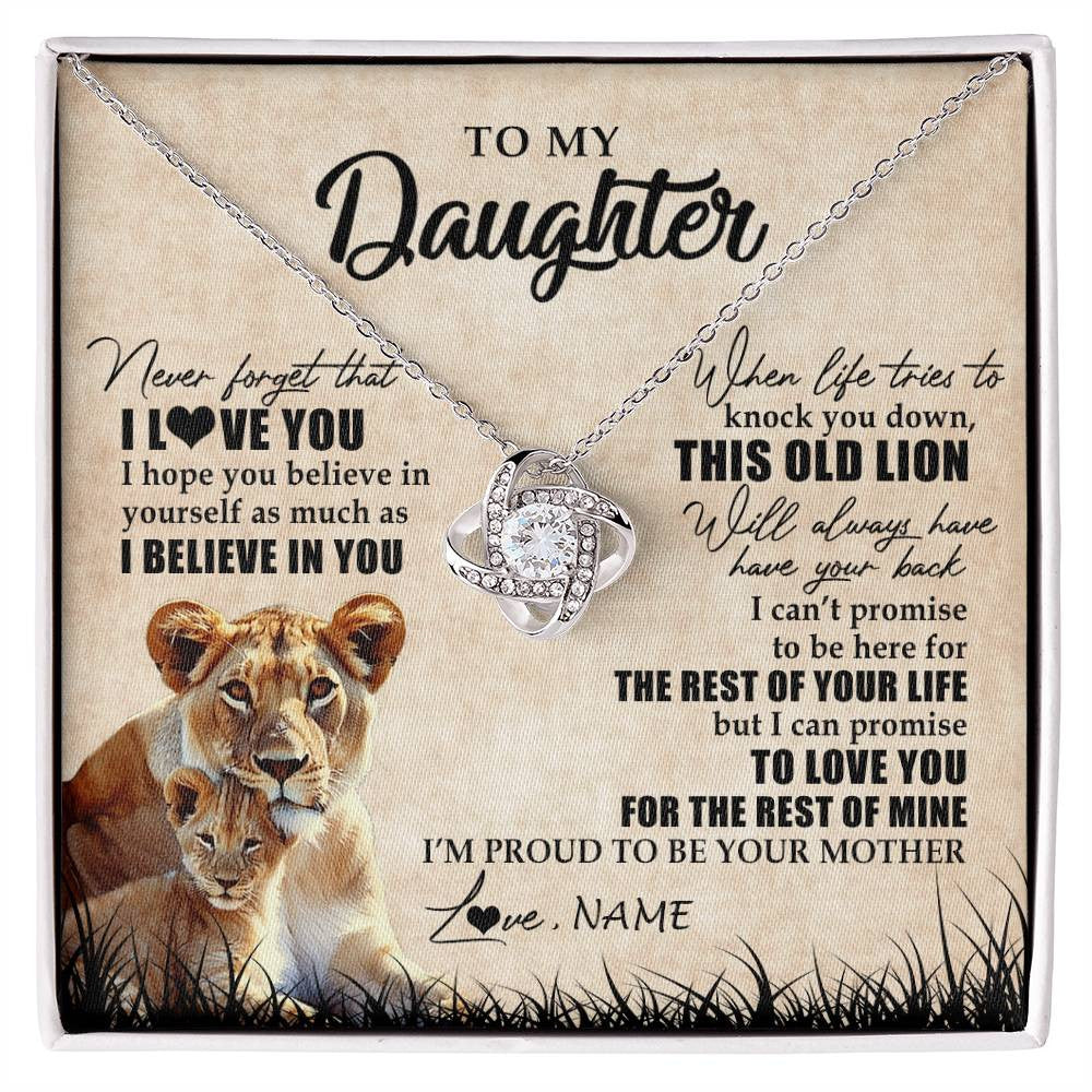 Love Knot Necklace 14K White Gold Finish | Personalized To My Daughter Gifts Necklace From Mom Mother Old Lion Daughter Jewelry Birthday Gifts Graduation Christmas Customized Gift Box Message Card | siriusteestore