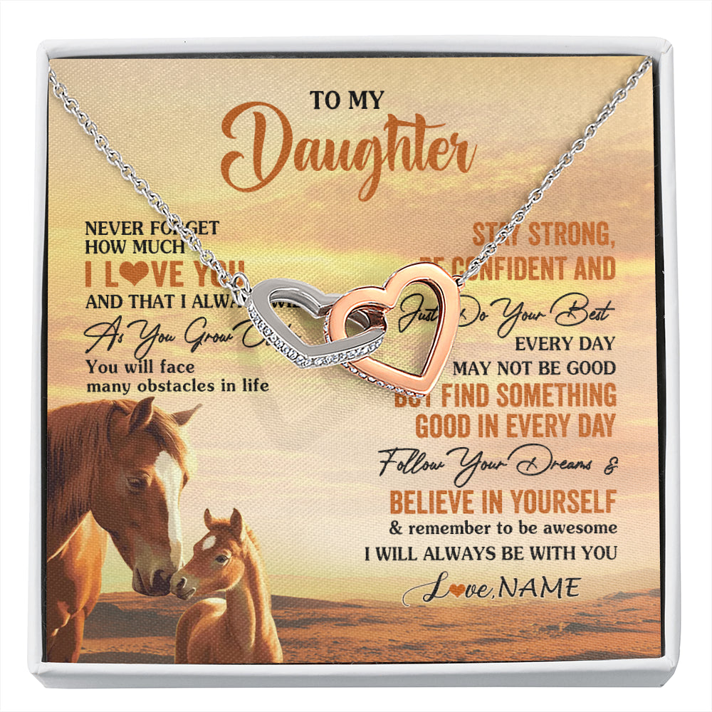 Interlocking Hearts Necklace Stainless Steel & Rose Gold Finish | 1 | Personalized To My Daughter I Love You Forever Necklace From Mom Dad Mother Father Horse Daughter Birthday Jewelry Christmas Customized Gift Box Message Card | siriusteestore