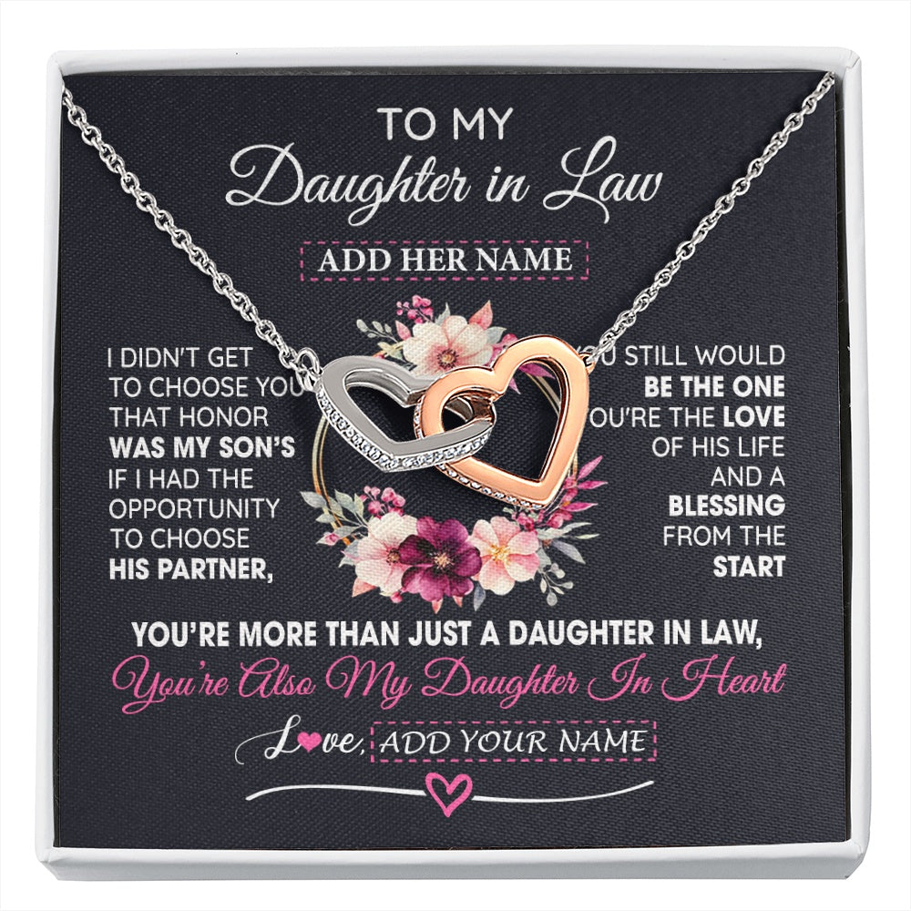 Interlocking Hearts Necklace Stainless Steel & Rose Gold Finish | 1 | Personalized To My Daughter In Law Gift From Mother In Law Necklace Daughter In Heart Birthday Gift For Daughter In Law Wedding Christmas Gift Box Message Card | siriusteestore.myshopify